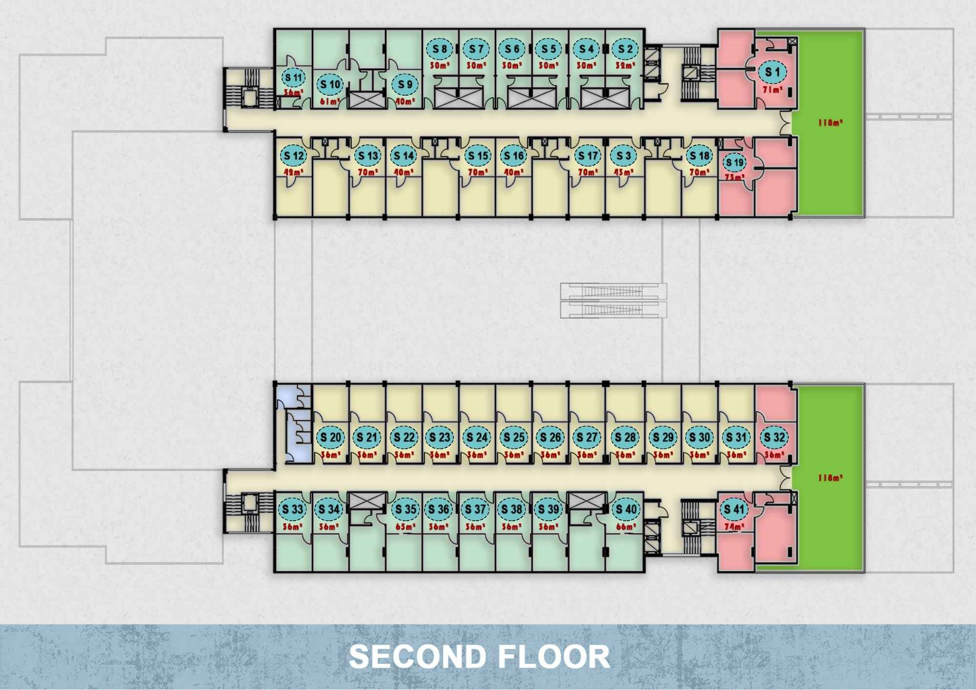 المخطط المعماري للدور الثاني: وحدات طبية وإدارية في ONE MALL الشروق تصميم وتقسيم المجمع الطبي والوحدات الإدارية في الدور الثاني من ONE MALL - العربي للتطوير العقاري